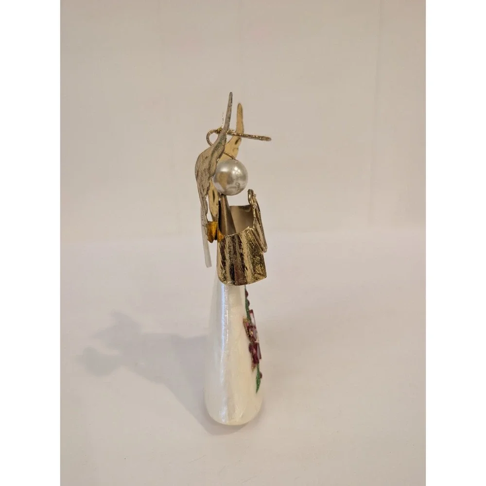 VTG Pier 1 Capiz Shell Christmas Angel Ornament W Harp Figure 3D Decorated Gold